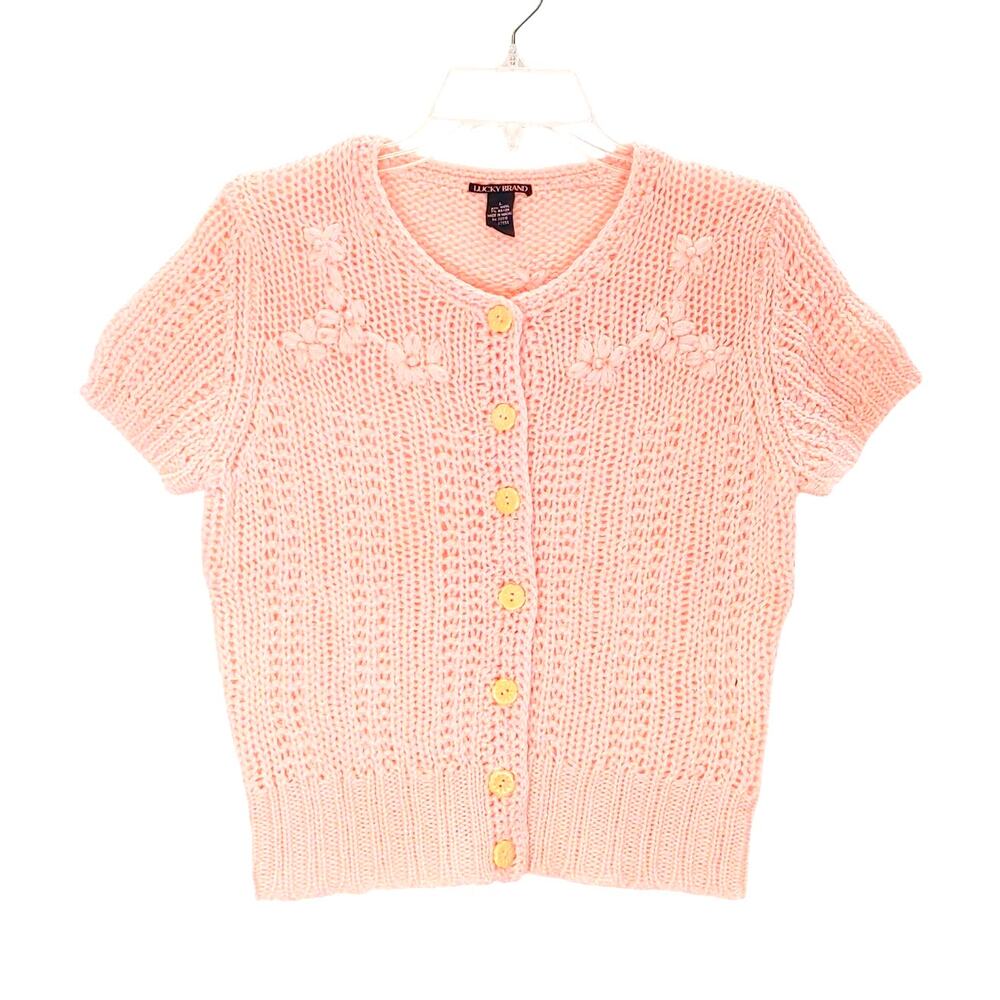 Lucky Brand Short Sleeve Cardigan Sweater Wool Blend Light Pink Womens Size L